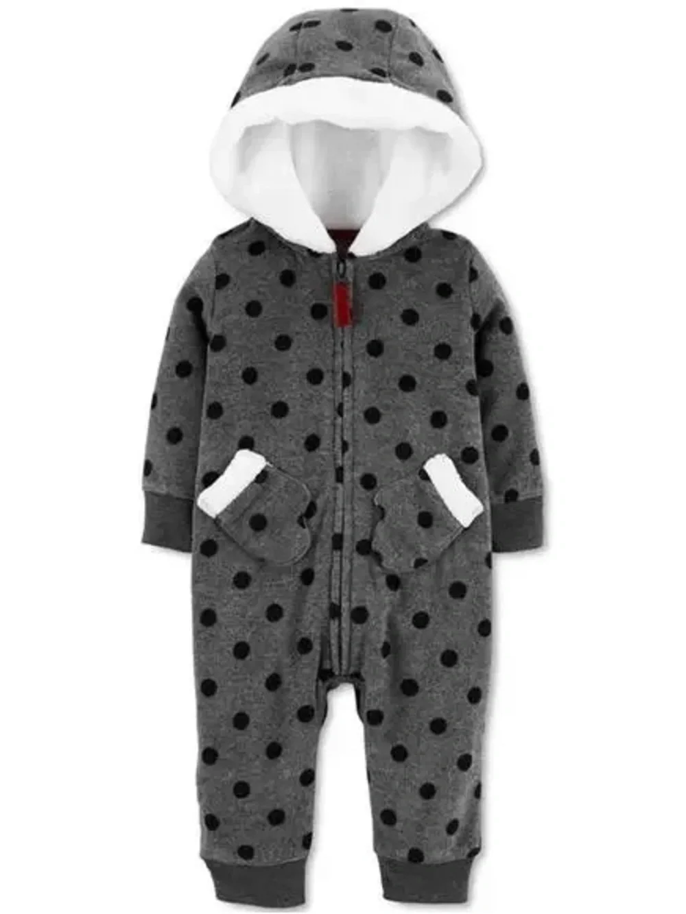 Carter’s Baby Fleece One Piece Size 9M Gray Polka Dot Hooded Zip Romper